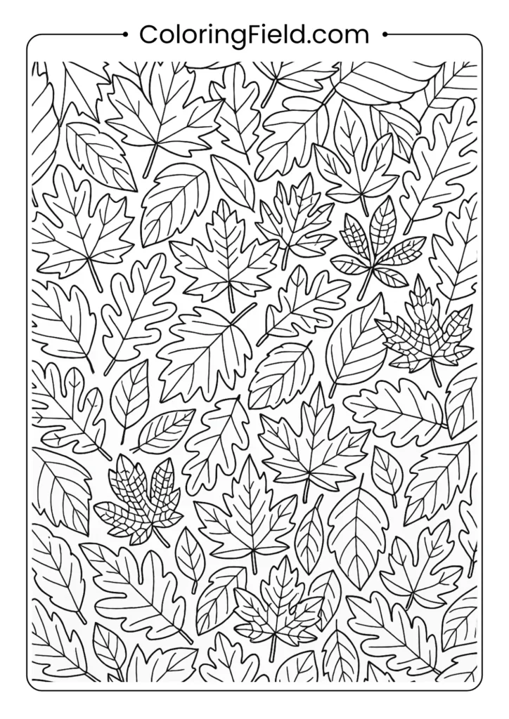 A relaxing and repetitive coloring page featuring dozens of different types of overlapping autumn leaves that fill the entire page.