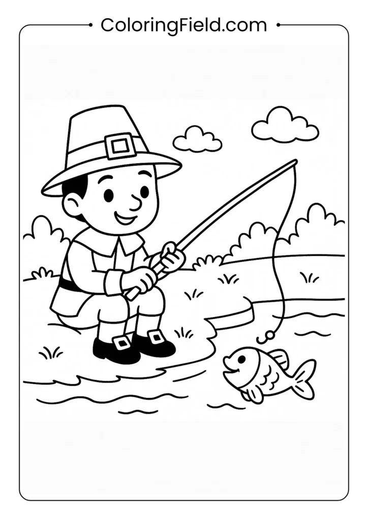 A Pilgrim works to catch dinner, fishing with a simple pole at the edge of a peaceful river.