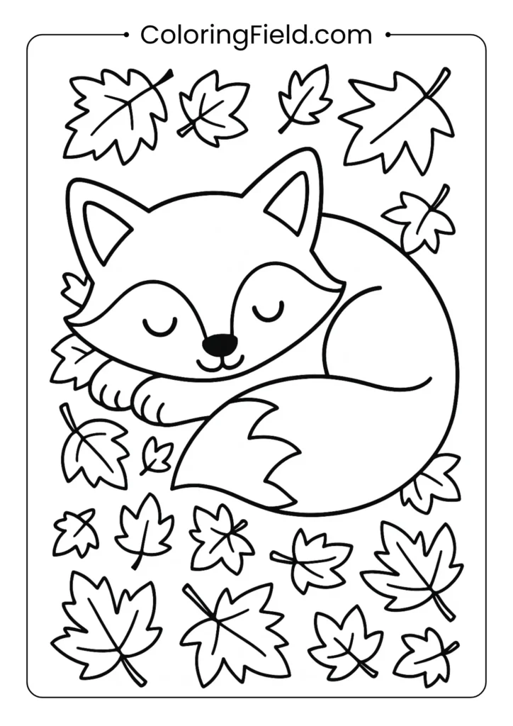 This cozy cartoon fox has curled up for a nap in a big, soft pile of colorful autumn leaves.