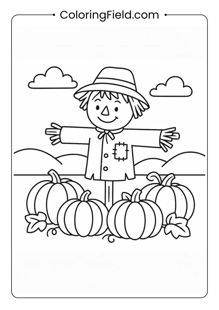 This smiling scarecrow is watching over the pumpkin patch, surrounded by large pumpkins ready for the harvest.