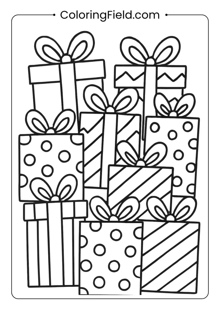 A coloring page featuring a large pile of gift-wrapped presents of different shapes and sizes. Each gift box has a simple, bold, colorable pattern (polka dots, stripes, zig-zags) and is topped with a thick, loopy bow.
