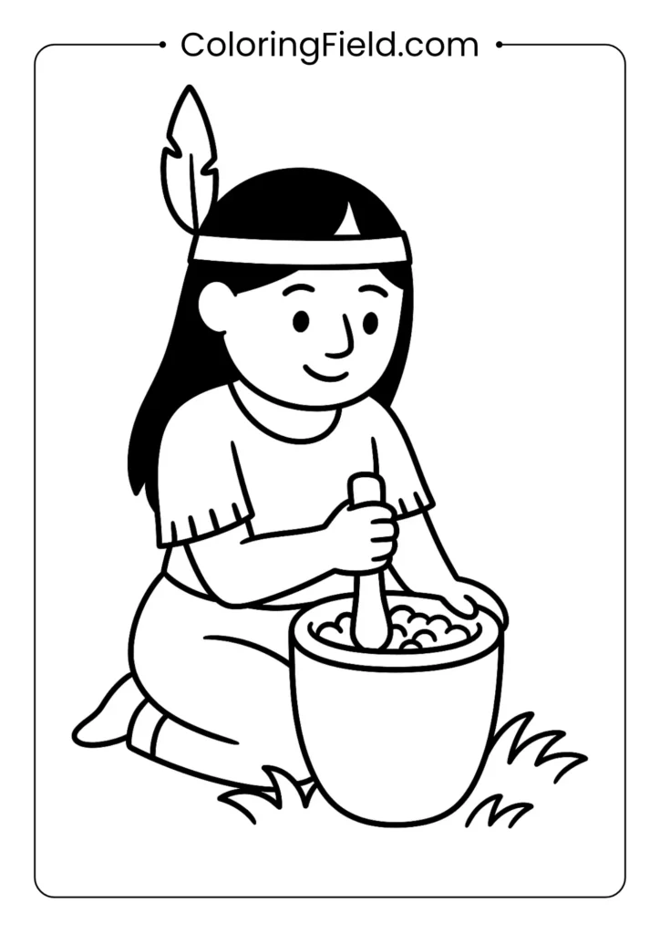 Learn about history! This page shows a Wampanoag person demonstrating the traditional method of grinding corn into meal.