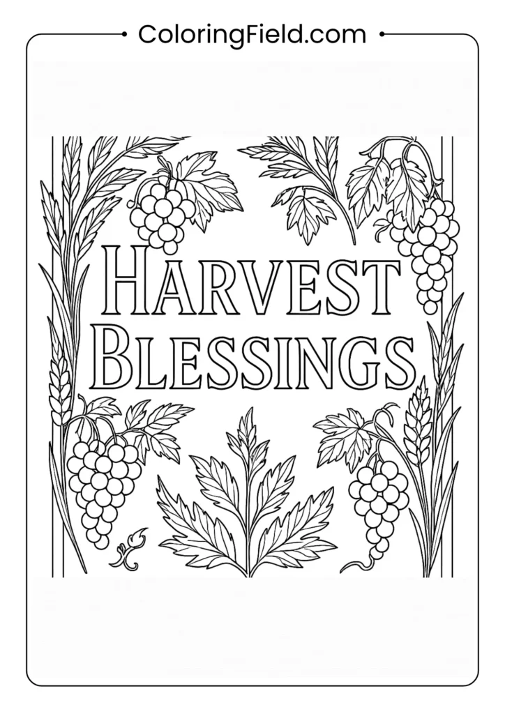 Color the elegant phrase "Harvest Blessings," beautifully framed by detailed illustrations of wheat stalks and hanging grapes.