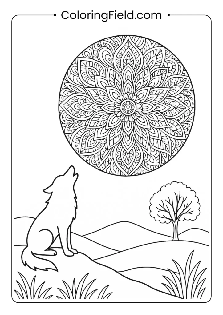 A majestic wolf howls at a giant harvest moon, which is filled with intricate mandala patterns for a unique coloring challenge.