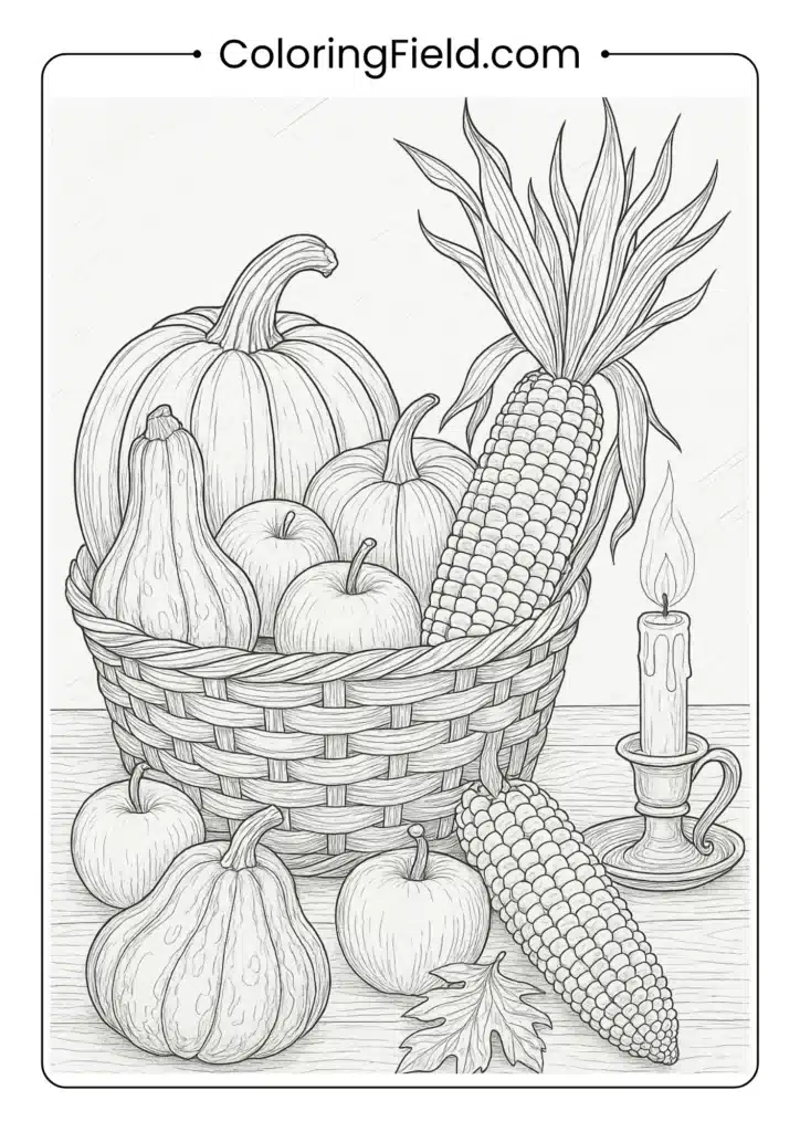 Capture a moment of rustic beauty with this realistic still life scene of a harvest basket, gourds, and a flickering candle.