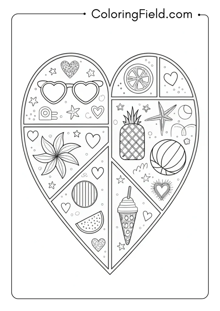 Heart filled with summer icons coloring page