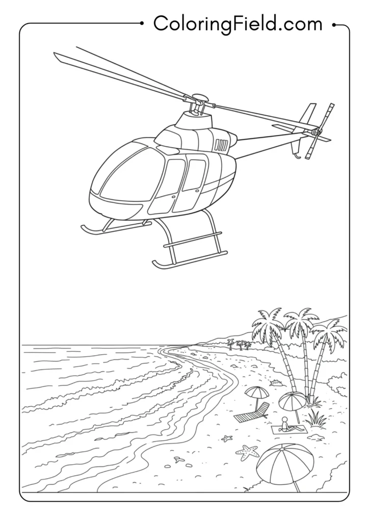 Helicopter over beach scene coloring page