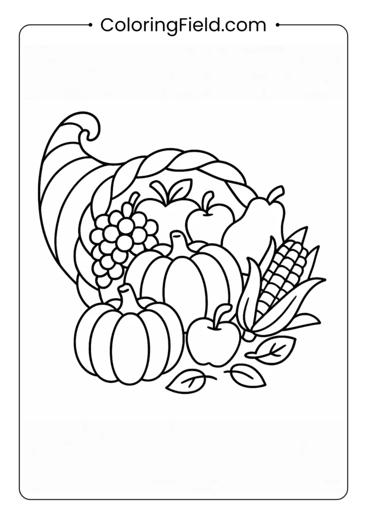 This classic cornucopia is overflowing with autumn fruits and vegetables like apples, corn, and grapes for a rich coloring experience.