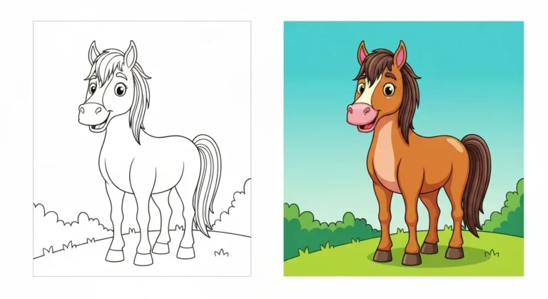 Horse coloring page showing a black-and-white outline of a cartoon horse on the left and a fully colored version on the right with a brown coat, dark mane, and green outdoor background.