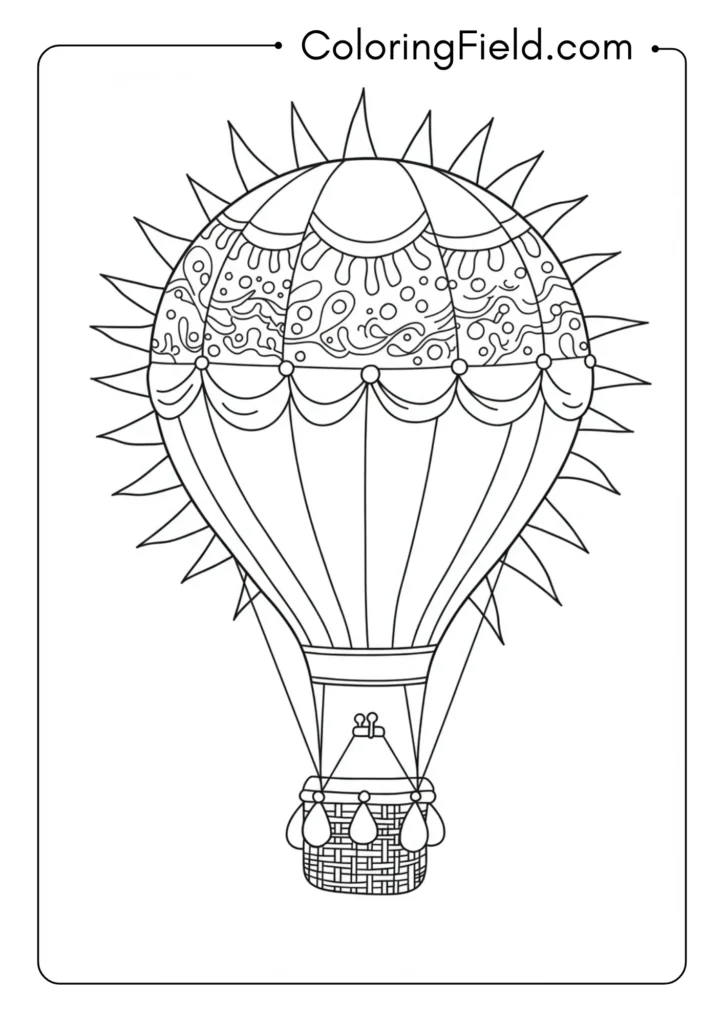 Hot air balloon with sun design coloring page