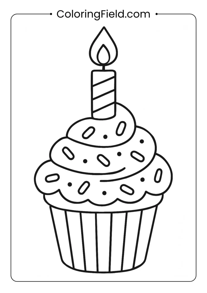 A single, giant cupcake centered on the page. The frosting is swirled high with large, easy-to-color sprinkles and topped with one big, bold candle with a flame. The cupcake liner has a simple pattern of thick vertical stripes.