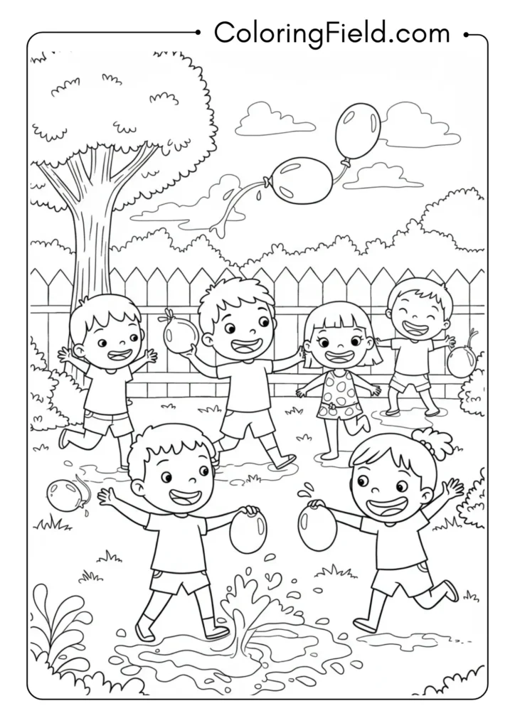 Kids having water balloon fight coloring page