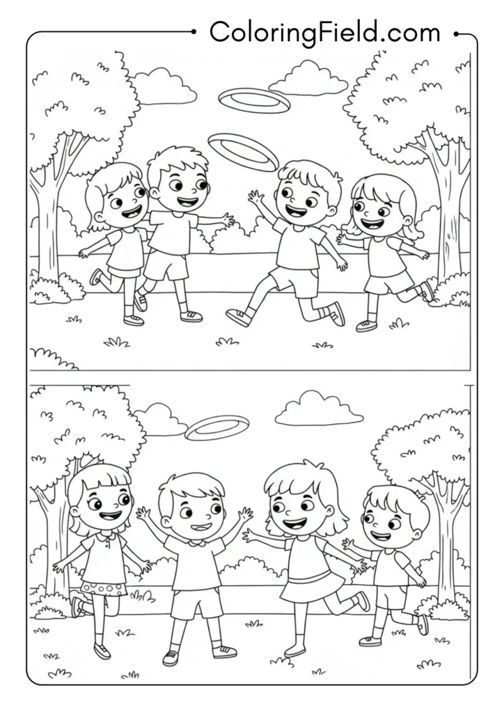 Kids playing frisbee coloring page
