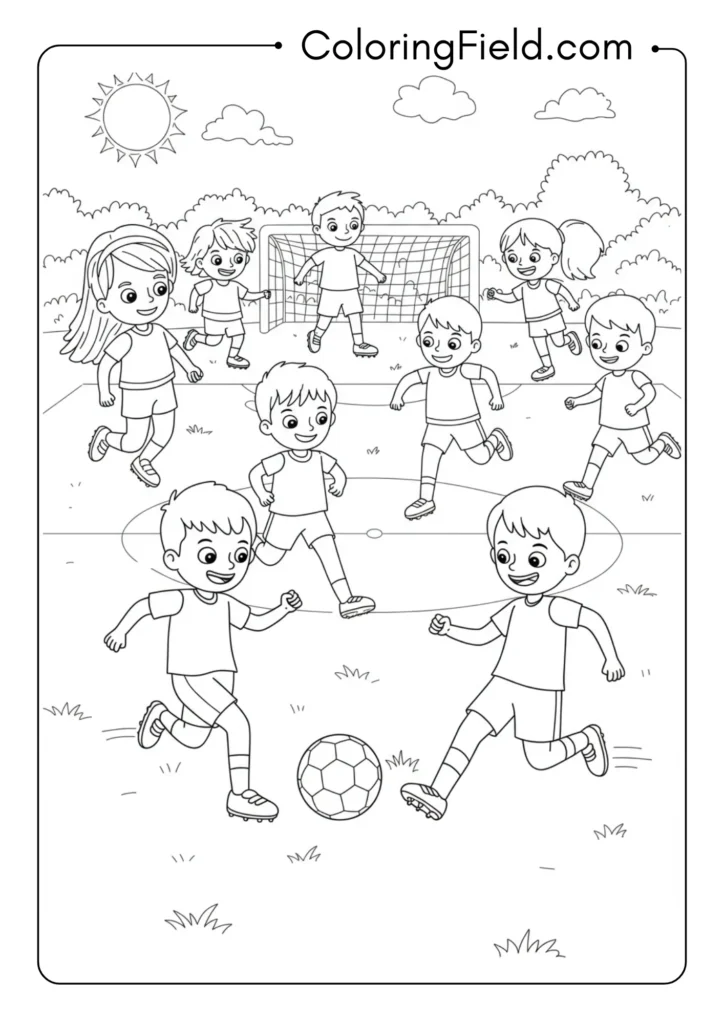 Kids playing soccer coloring page