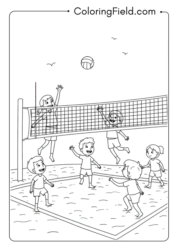 Kids playing volleyball coloring page