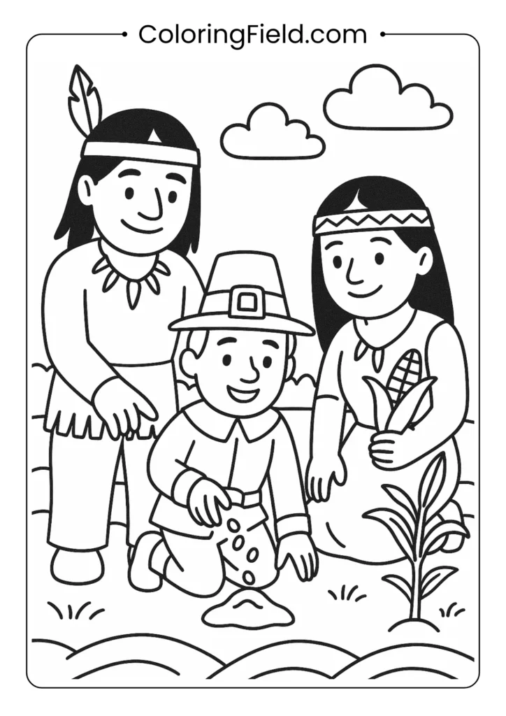 A Wampanoag family kindly teaches a Pilgrim child the important skill of planting corn in this collaborative scene.