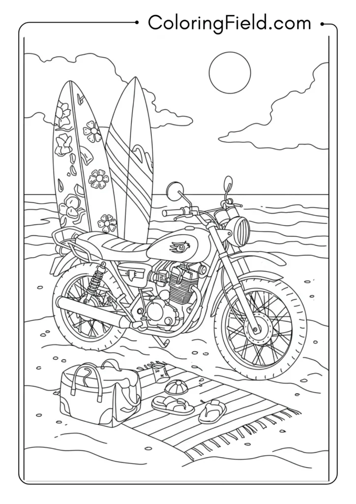 Motorcycle with beach gear coloring page