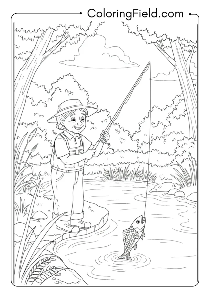 Person fishing coloring page
