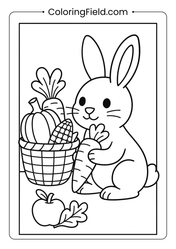 A cute rabbit can't resist a snack, nibbling on a carrot he's pulled from a bountiful harvest basket.