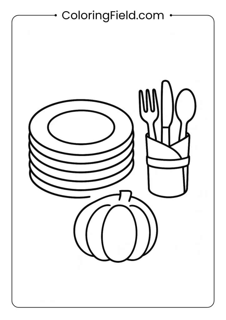 The table is almost set! This page shows a neat stack of plates and silverware, ready for the delicious meal to begin.