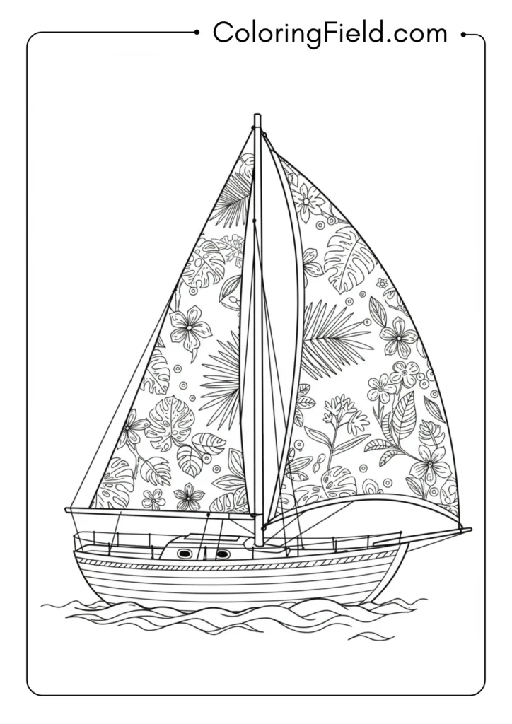 Sailboat with tropical sail pattern coloring page
