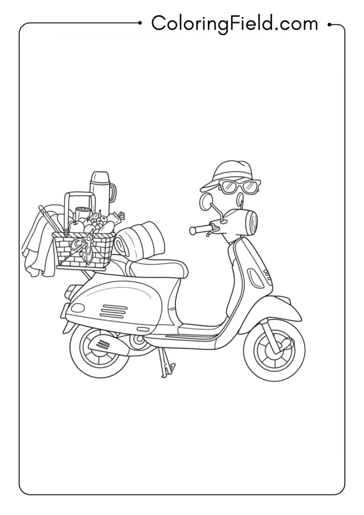 Scooter with summer accessories coloring page