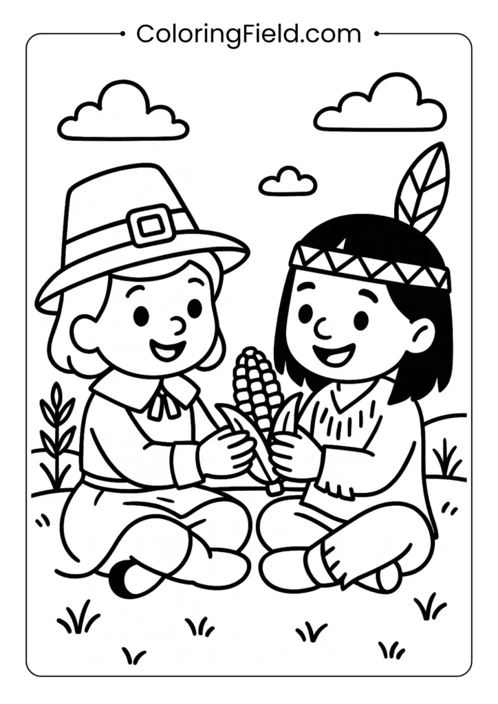 This heartwarming coloring page depicts a Pilgrim child and a Wampanoag child sharing food, representing the spirit of the first Thanksgiving.