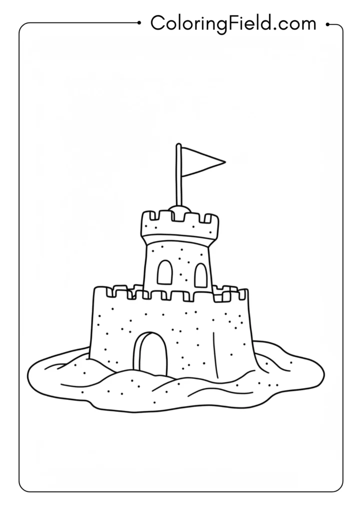 Simple sandcastle with flag coloring page