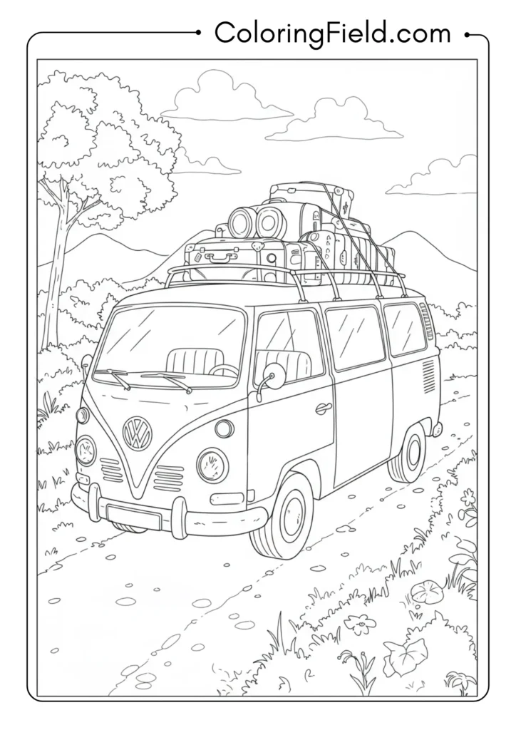 Summer road trip van with luggage coloring page