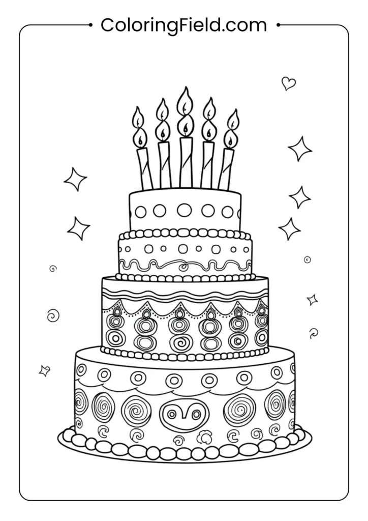 A magnificent three-tier birthday cake as the central focus. Each tier has a unique, easy-to-color pattern. The cake is topped with a row of ten bold candles. The background features light, whimsical swirls and stars.