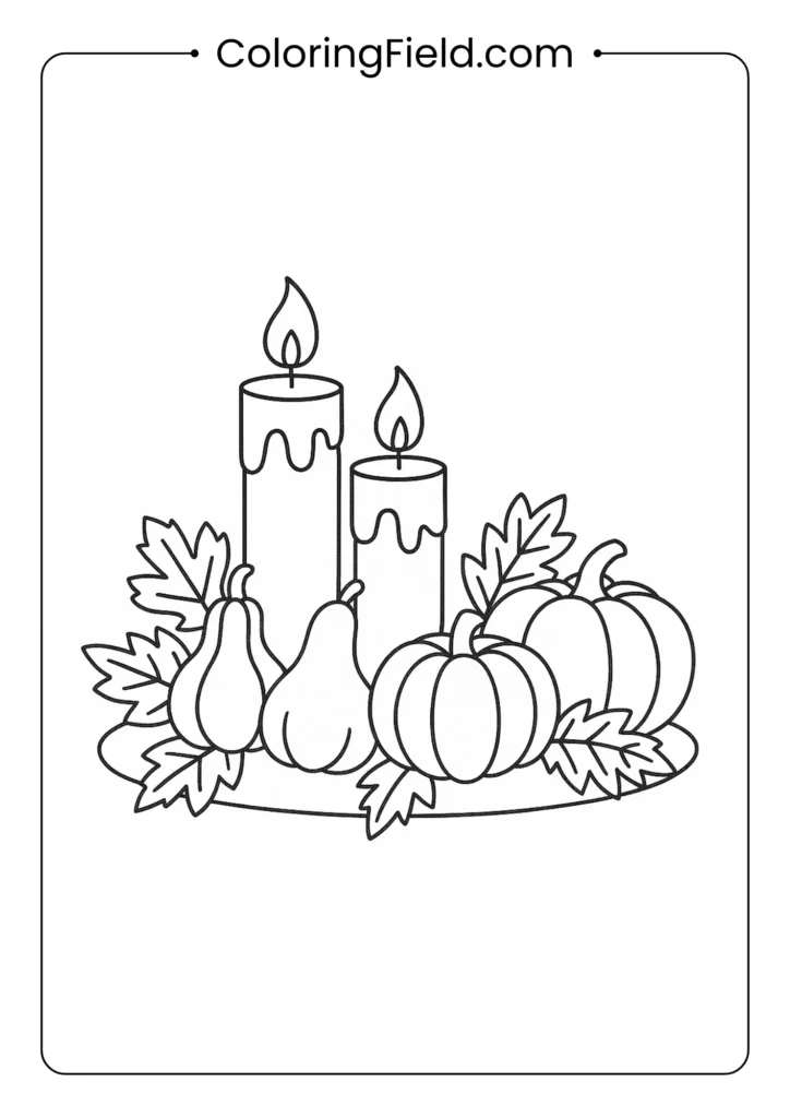 Color a beautiful centerpiece for the dinner table, featuring glowing candles, small gourds, and festive autumn leaves.