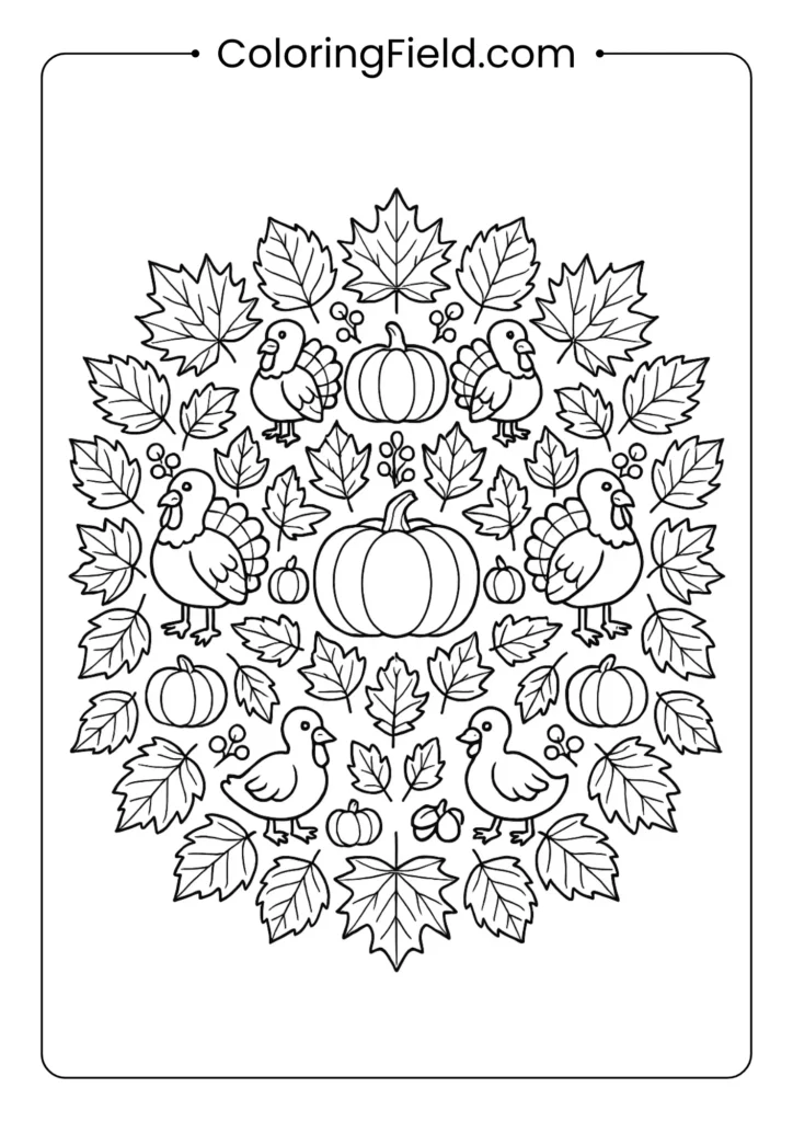 Find your calm amidst the holiday chaos. This intricate mandala weaves together autumn leaves, pumpkins, and turkeys for a relaxing coloring experience.