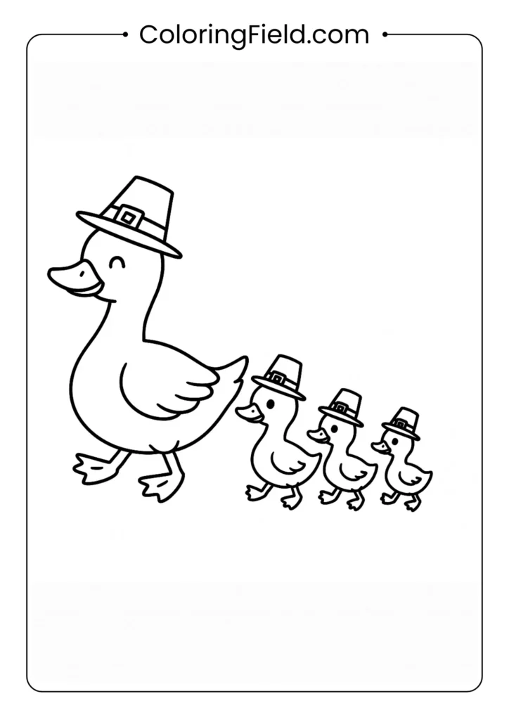 A family of cute ducks waddles in a line, each one wearing a tiny pilgrim hat in their own little Thanksgiving parade.