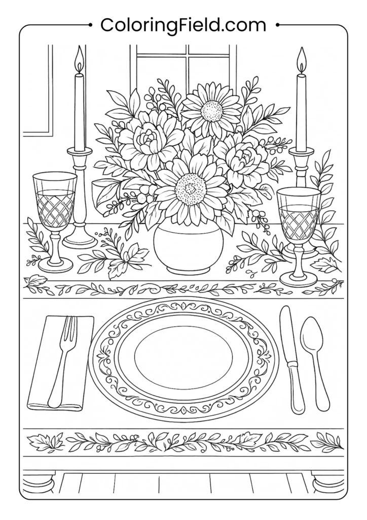 This sophisticated coloring page showcases a beautifully set Thanksgiving table, complete with detailed plates, crystal glasses, and a floral centerpiece.