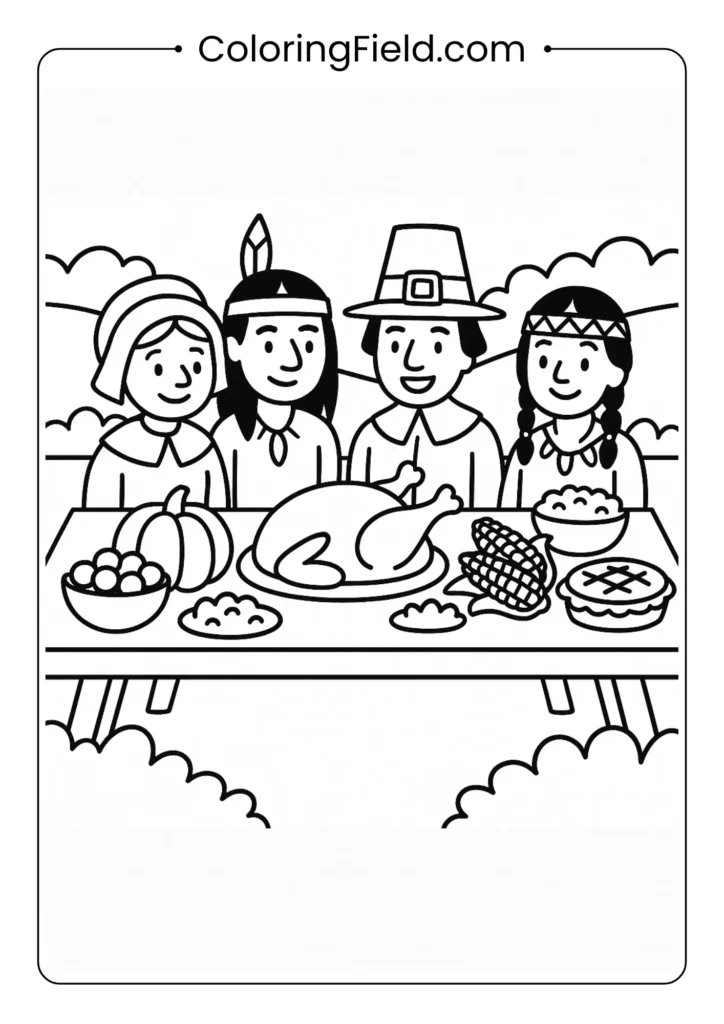 Color the historic scene of the First Thanksgiving, with cartoon Pilgrim and Wampanoag people gathered around a long table of food.