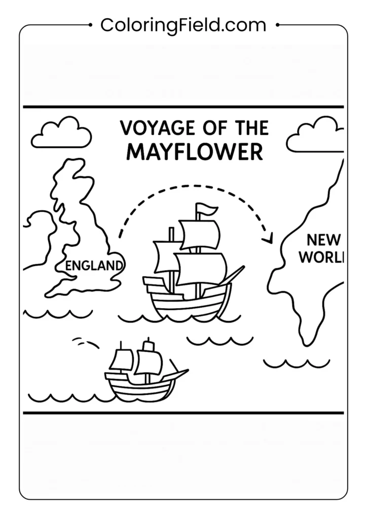 A fun and educational map! Color the path the Mayflower took as it sailed from England all the way to America.