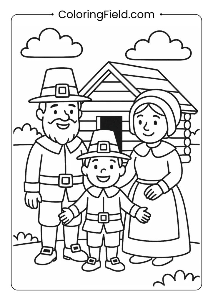 A hopeful Pilgrim family stands together in front of their newly built home in this historic coloring scene.