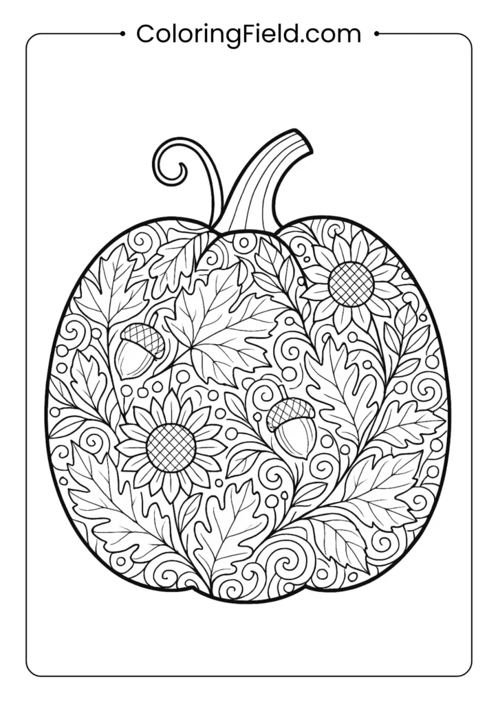 A large pumpkin silhouette acts as a canvas for hundreds of intricate and imaginative autumn-themed doodle patterns.