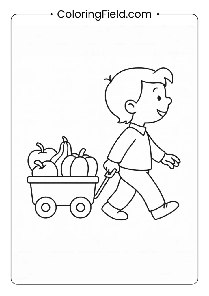 A happy child shows off their harvest, pulling a small red wagon filled with colorful gourds and pumpkins.