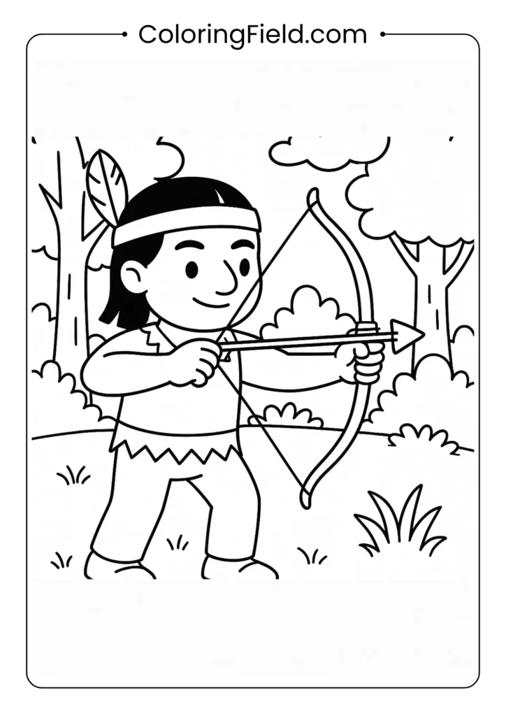 This respectful depiction shows a skilled Wampanoag hunter with his bow, at home in the forests of the new world.
