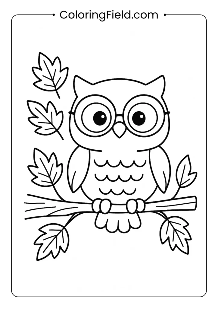 This wise old owl, complete with a pair of glasses, watches over the forest from his branch full of fall leaves.