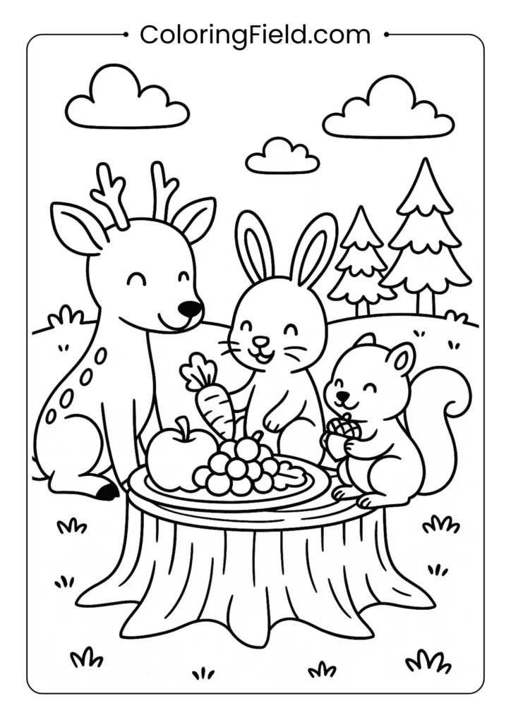 The forest animals are celebrating too! A deer, rabbit, and squirrel share their own tiny feast on a tree stump.