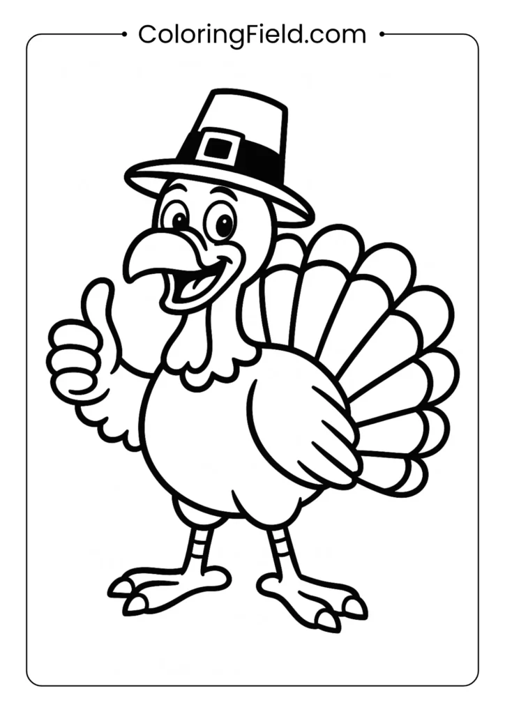 Get ready to giggle! This funny cartoon turkey is dressed in a pilgrim hat and giving a cheerful thumbs-up for a great holiday.