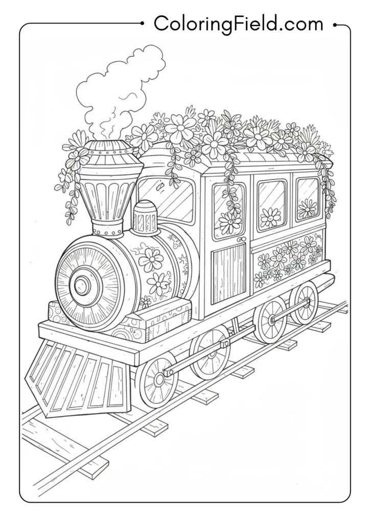 Train car decorated with summer flowers coloring page