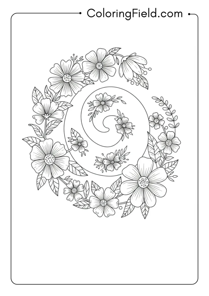 Spiral with summer flowers coloring page