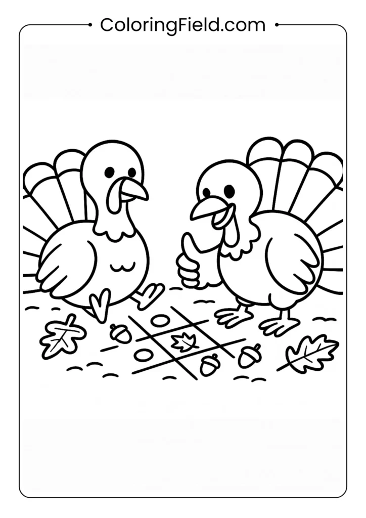 Two turkey friends have a friendly game of tic-tac-toe in the dirt, using acorns and leaves as their markers.