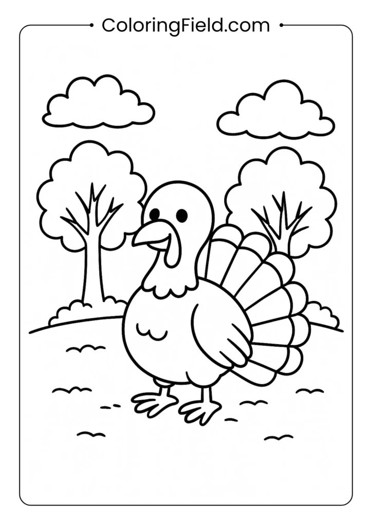 This coloring page features a majestic turkey walking through a beautiful autumn forest, surrounded by tall trees and fallen leaves.