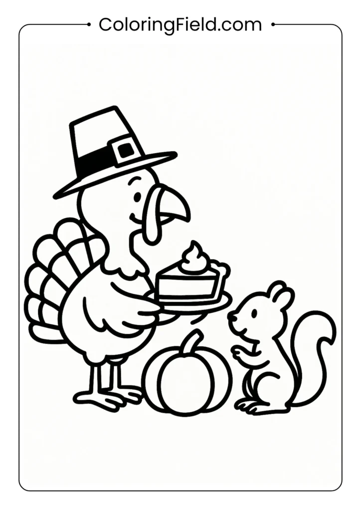 In a heartwarming scene of forest friendship, a generous turkey offers a slice of pumpkin pie to a grateful little squirrel.