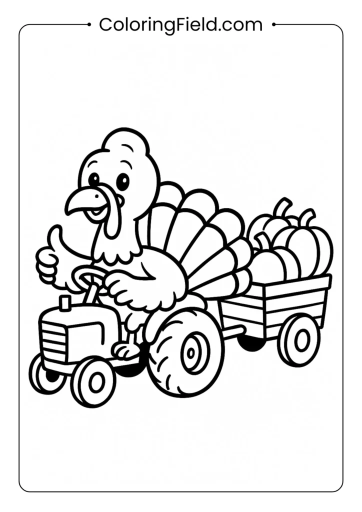 Vroom vroom! This farmer turkey is driving his tractor, pulling a cart filled with pumpkins from the patch.