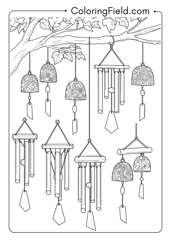 Wind chimes hanging coloring page